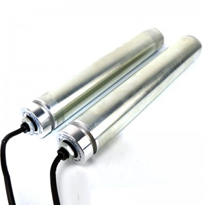 Egyenes 76/82nem szabványos egyenáramú elektromos henger, beépített motor, testreszabott rozsdamentes acél szállítószalag, szinkron kerék, horganyzott teljesítményű dupla sor lánckerék, gumi bevonat